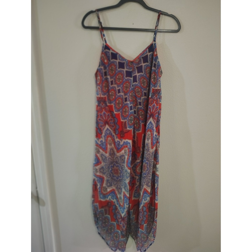 Luxology Womens Red Blue Paisley Medallion Boho Jumpsuit Adjustable Straps